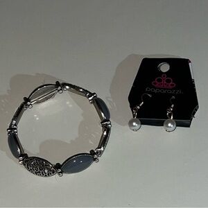 Paparazzi Silver and Blue Bracelet with Pearl Earrings